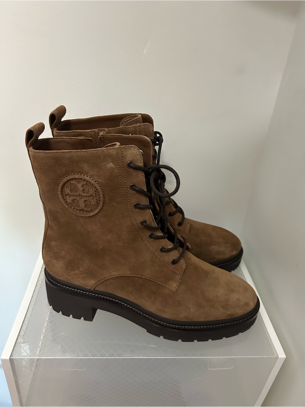 Tory Burch Miller Chestnut Suede Lace-Up Combat Boots